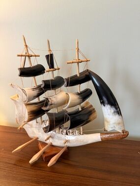 Vintage Handcrafted Horn & Bone Sailboat Sculpture